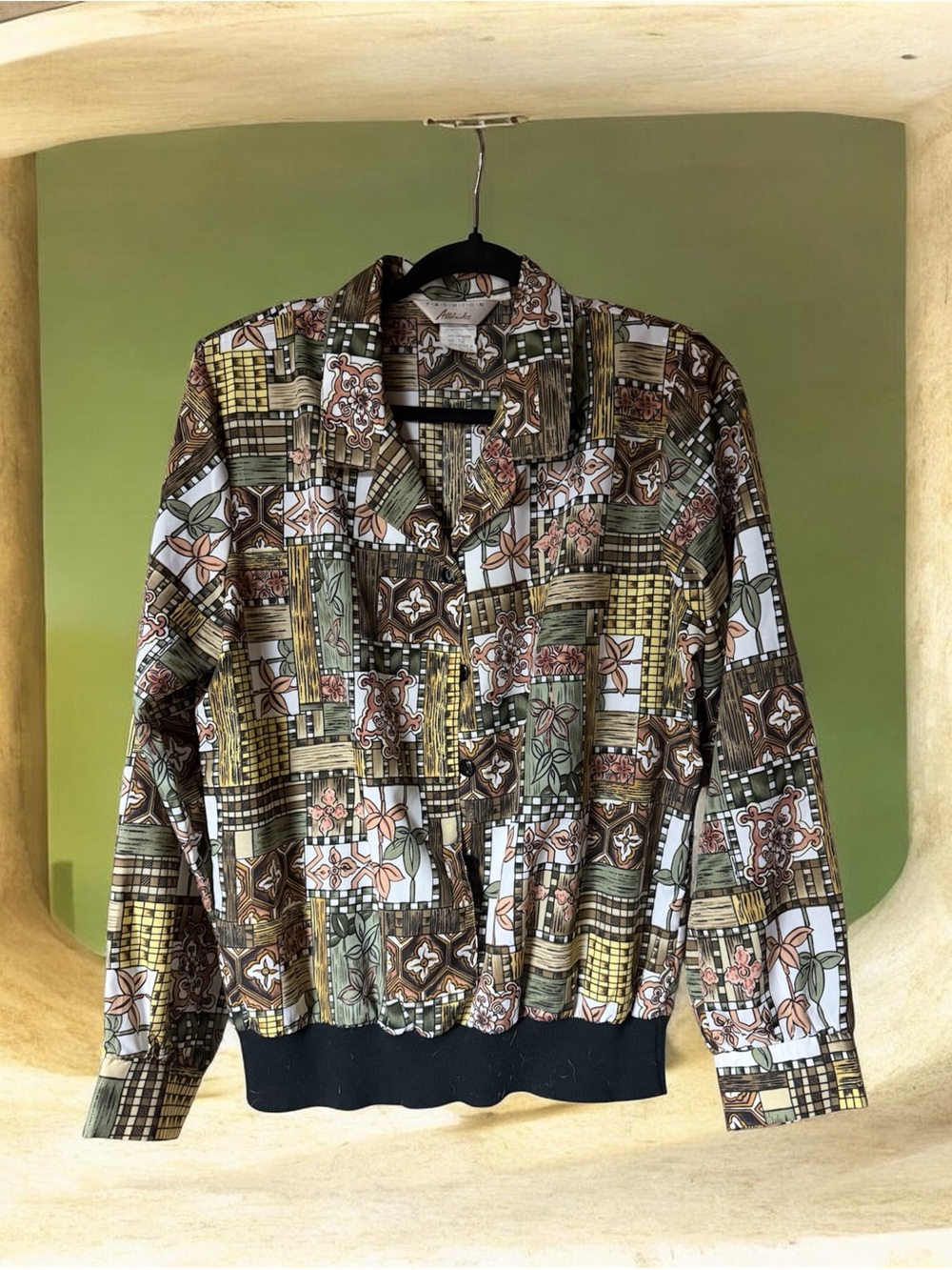 Vintage Geometric Patchwork Blouse Jacket | Earthy Abstract Tile Print Elastic H